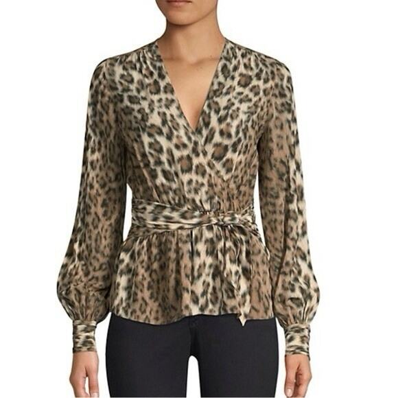 Joie Leopard Animal Print Tie-Front Long Sleeve V-Neck Arin Blouse Top Small - Picture 1 of 7